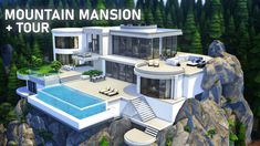 an image of a mountain mansion with a pool in the middle and stairs leading up to it