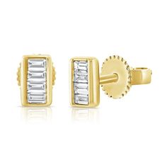 14K GOLD DIAMOND BAGUETTE STUD EARRINGS These are Unique and Beautiful Baguette Diamond Bar Earrings crafted of 14K Gold featuring approximately 0.10 ct. of Baguette Diamonds. Color & Clarity GH-SI. Available in Rose, Yellow & White Gold. 14K Gold 0.10 ct. Baguette Diamonds Diamond Color - GH Diamond Clarity - SI1 Measurements - Length 0.2“, Width 0.2“ This piece is perfect for everyday wear and makes the perfect Gift! We certify that this is an authentic piece of Fine jewelry. Every piece is cr Gold Diamond Stud Earrings, Baguette Studs, Gold Diamond Earrings Studs, Gold Diamond Studs, Bar Stud Earrings, Diamond Bar, Rose Yellow, Diamond Stud Earrings, Earring Crafts