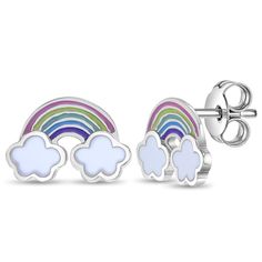 A pair of enamel rainbow push back earrings that will easily fit into her magical birthday celebration. These adorable rainbow earrings are one she will immediately fall in love with because of its sweet multicolored enamel rainbow details. Crafted from 925 sterling silver, these earrings are safe for girls who have sensitive ears. A magical pair of earrings that will have her imagination above the clouds. A gift box is included with purchase. Age Group: Vibrant For Young Girls and Preteens; Saf Teen Necklaces, Teen Earrings, Earrings For Kids, Magical Birthday, Baby Necklace, Teen Jewelry, Baby Earrings, Kids Rings, Baby Jewelry