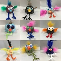 many different types of stuffed animals with big eyes and feathers on their heads are shown