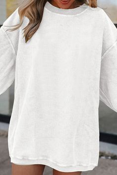 Expertly crafted and designed for everyday wear, our White Ribbed Corduroy Oversized Sweatshirt offers a unique blend of style and comfort. Made from high-quality corduroy fabric, this sweatshirt features a ribbed texture that adds dimension and sophistication to any outfit. Perfect for cooler days, stay cozy and on-trend with our oversized sweatshirt. This sweatshirt makes it easy to rock your favorite Dolly song all year 'round The poppy orange corduroy fabric paired with blush pink wording is Oversized Cotton Ribbed Sweatshirt, Soft-washed French Terry Long Sleeve Sweatshirt, Plus Size Pajamas, Midi Dress Plus Size, Maxi Skirt Outfits, Argyle Sweater, Printed Wide Leg Pants, Corduroy Fabric, Mens Fashion Fall