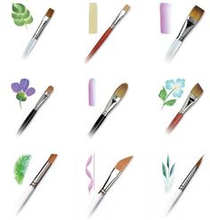 the different types of paint brushes are shown in this image, including flowers and leaves