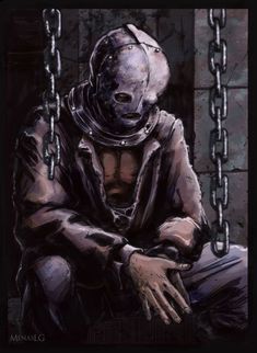 a painting of a man in a gas mask sitting on the ground with chains around him