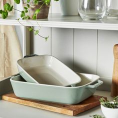 two dishes are sitting on a cutting board next to a potted plant and knife