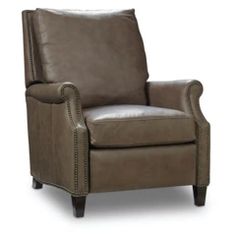 a brown leather recliner chair with nail accents on the armrests and back