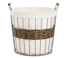 a wire basket with two handles on the bottom and one handle at the top, in front of a white background