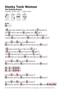 a guitar chords page with the words honky tonk women written in red and black