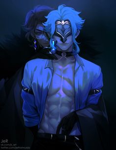 an anime character with blue hair and piercings on his chest, standing in the dark