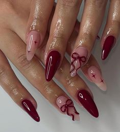 Burgundy Bow mix & match press ons | Holiday press on nails | Winter Press On Nails |  Handmade Press On Nails Wine Nails, Girly Acrylic Nails, Classy Acrylic Nails, Pink Nail, Xmas Nails, Prom Nails, Classy Nails, Dream Nails, Nails Done