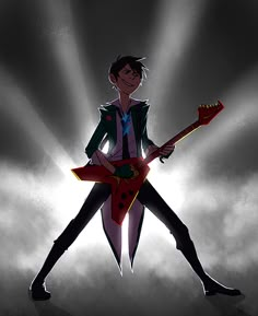 a cartoon character holding a guitar in the air