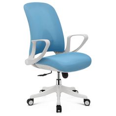 a blue office chair with wheels and casteors on an isolated white surface, viewed from the front