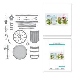 the stamp and die set includes an assortment of flowers, barrels, and other items