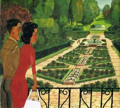 a painting of two people looking at a garden