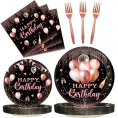 a birthday party set with balloons and confetti on the plate, forks and napkins