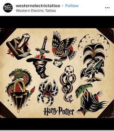 harry potter tattoos on an old paper with black ink and some red, yellow, green, blue