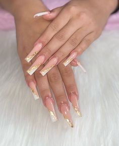 Naked Nails, White Nails With Gold, Gucci Nails, Tapered Square Nails, Ombre Acrylic Nails