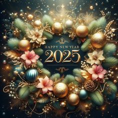 a happy new year greeting card with ornaments and flowers in the center on a dark background