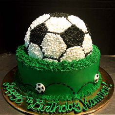 a soccer themed birthday cake with green frosting and black and white decorations on top