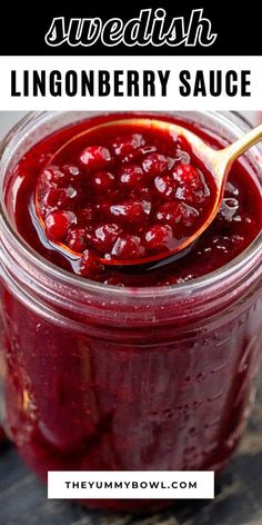 cranberry sauce in a glass jar with a spoon on the side and text overlay