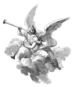 an angel with a trumpet flying through the sky, vintage engraved engraving stock illustration getty images