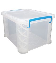 a plastic storage box with blue handles