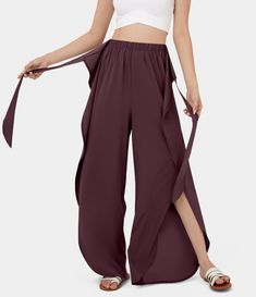 Women’s Breezeful™ High Waisted Tie Front Palazzo Flowy Split Wide Leg Quick Dry Casual Pants - Halara High Waisted Palazzo Pants, Wide Leg Palazzo Pants, Flowy Design, Bleach Wash, Cutout Dress, Wearing Black, Active Wear For Women, Bottoms Pants, Black Diamond