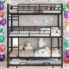 there is a bunk bed with balloons around it