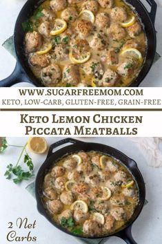 two pictures showing different types of meatballs and lemons in a skillet with the words keto lemon chicken piccata meatballs