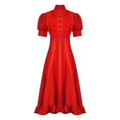 a red dress with ruffles on the shoulders and collared neckline is shown