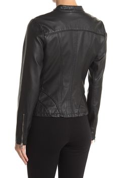 A trendy faux leather jacket with front zip pockets and snap button at the neckline. Snap button neck closure. Long sleeves. Zip front closure. Front zip pockets. Faux leather construction. Approx. 24" length. Imported Leather Racer Jacket, Racer Jacket, Faux Leather Jacket, Nordstrom Store, Faux Leather Jackets, Snap Button, Nordstrom Rack, Zip Pockets, Faux Leather