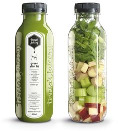 two glass jars filled with different types of vegetables and fruits in them, one is labeled green love