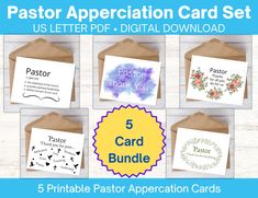 the 5 printable pastor appreciation card set includes five different cards, and four envelopes