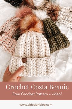 the crochet beanie is shown with text overlay that reads, crochet costa beanie free crochet pattern and video