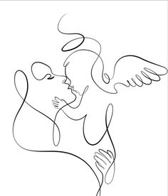 a line drawing of a man kissing a woman's face with wings flying overhead