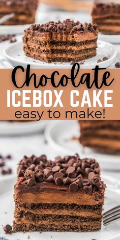 chocolate icebox cake on a plate with text overlay