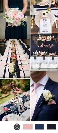 the color scheme is navy, pink, and white for this elegant wedding reception in paris