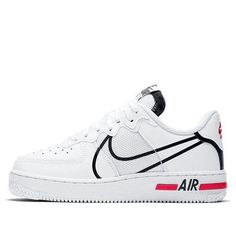 (GS) Nike Air Force 1 React 'D/MS/X' CD6960-100 (AF1/SNKR/Skate/Low Top) White Lace-up Basketball Shoes With Logo, White Skate Shoes With Logo For Streetwear, White Logo Sporty Basketball Shoes, White Sporty Skate Shoes With Logo Print, Nike Air Force 1 White Breathable For Sports, Nike Air Force 1 White Breathable Sports Shoes, Sporty White Nike Air Force 1 For Skateboarding, White Sporty Nike Air Force 1 For Skateboarding, White Nike Skate Shoes For Sports