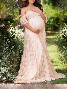 Momyknows Solid Color Lace Off Shoulder Cap Sleeve Photoshoot Maternity Maxi Dress Cream Maternity Dress For Spring, Summer Beige Maternity Dress, Gender Reveal Outfits, Baby Shower Gown, Maternity Sundress, Plus Size Maternity Dresses, Photoshoot Maternity, Photoshoot Style