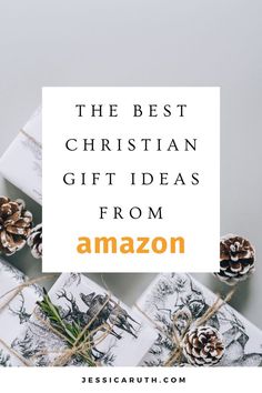 presents wrapped in white paper with pine cones on top and the words, the best christian gift ideas from amazon