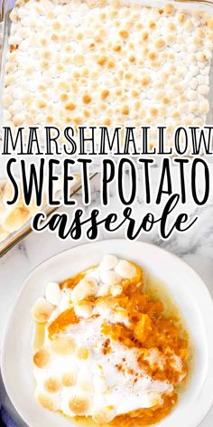 marshmallow sweet potato casserole on a white plate with text overlay