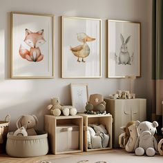 three framed pictures hang on the wall in a child's room with stuffed animals and toys