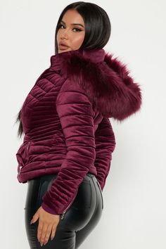 Available In Magenta And Gold. Puffer Jacket Velvet Hood With Faux Fur Trim Removable Faux Fur Trim Front Zipper Closure Pockets Shell: 100% Polyester Lining: 100% Polyester Fur Lining: 100% Polyester Faux Fur: 55% Modacrylic 45% Acrylic Imported | Always Ready Velvet Puffer Jacket in Magenta size XL by Fashion Nova Gold Puffer Jacket, Velvet Puffer Jacket, Fashion Nova Jackets, Coats Fashion, Fashion Nova Outfits, Cute Comfy Outfits, Gold Fashion, Fur Trim, Comfy Outfits