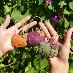 a hand holding three small felt pumpkins in front of purple flowers and greenery