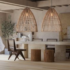 two lamps hanging from the ceiling over a dining room table