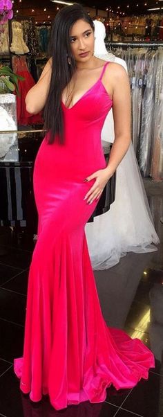 Gorgeous Mermaid V Neck Velvet Long Prom Dress Fuchsia Formal Evening Gown Pink Prom Gown #dress #gown #prom #prom2018 #homecoming #formaldress #formalgown #weddingparty #promdress #promgown #evening #eveningdress #eveninggown #fashion #pink #fuchsia Red Satin Prom Dress, Pageant Dresses For Teens, Velvet Prom Dress, Formal Evening Gown, Elegant Bridesmaid Dresses, Spaghetti Strap Prom Dress, White Prom Dress, Women's Evening Dresses, Satin Prom Dress