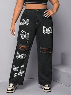 Plus Butterfly Print Ripped Straight Leg Jeans Black    Denim Butterfly Straight Leg Non-Stretch  Women Plus Clothing, size features are:Bust: ,Length: ,Sleeve Length: Designs To Paint On Jeans, Ripped Jeans Aesthetic, Customised Jeans, Butterfly Things, Denim Butterfly, Bun Maker Hairstyles, Butterfly Pants, Black Boyfriend Jeans, Nice Pants