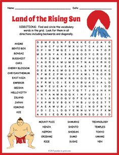 the land of the rising sun worksheet is shown in red and white colors