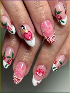 Simple Medium Acrylic Nails, Nail Art Valentines, Rose Nail Design, Graffiti Heart, Nail Designs Tutorial, Medium Almond, Nail Tutorial, Nail Art Set, Color Nails