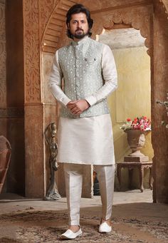 White Kurta Pajama With Jacket, Groom Kurta Pajama, Proposal Night, Waistcoat Designs, Kurta Pajama Men, Vs Image