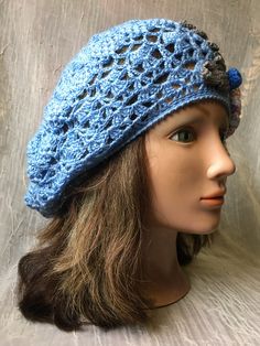 Ooak . Hand crochet summer beret. Will fit all sizes .Mannequin head size is 21 inches, I have 23 and it fits nice . Pretty periwinkle blue color with roses and a few beads . . Feel free to email me any questions. Thanks. Hand Knitted Blue Brimmed Hat, Blue Hand Knitted Brimmed Hat, Bohemian Blue Crochet Hat For Spring, Blue Hand Knitted Hats For Spring, Blue Knitted Hat For Spring, Spring Bohemian Blue Crochet Hat, Blue Crochet Brimmed Hat, Blue Bohemian Crochet Hat With Brim, Blue Bohemian Crochet Hat Adjustable